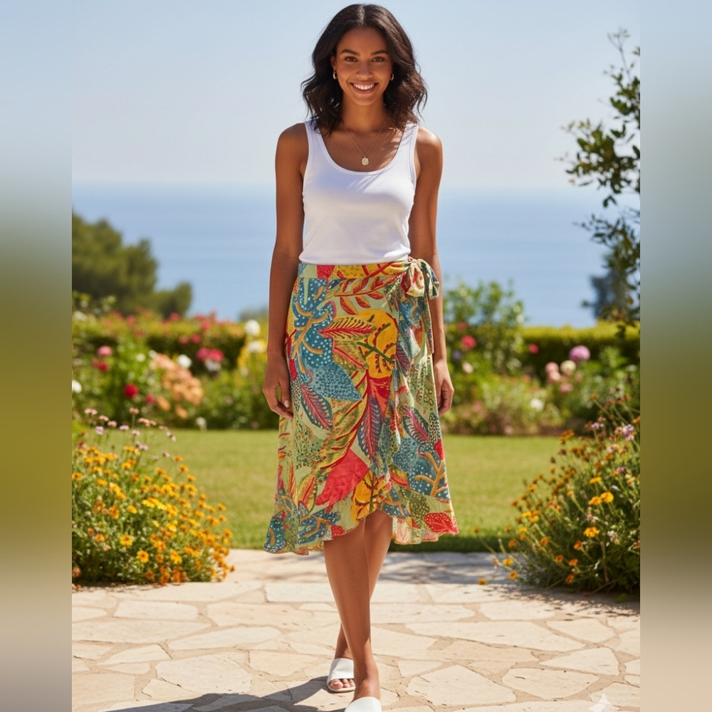 Christian Siriano Colorful Tropical Wrap Skirt Womens Large Beach Resortwear‎